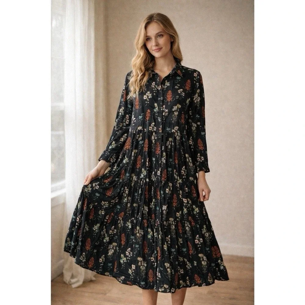 Natural Life Dark Gray Floral Maxi Peasant Dress Boho Tiered Long Sleeve Sz S